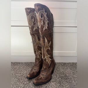Dan Post Brown Western Knee-High Boots with Cream Embroidery